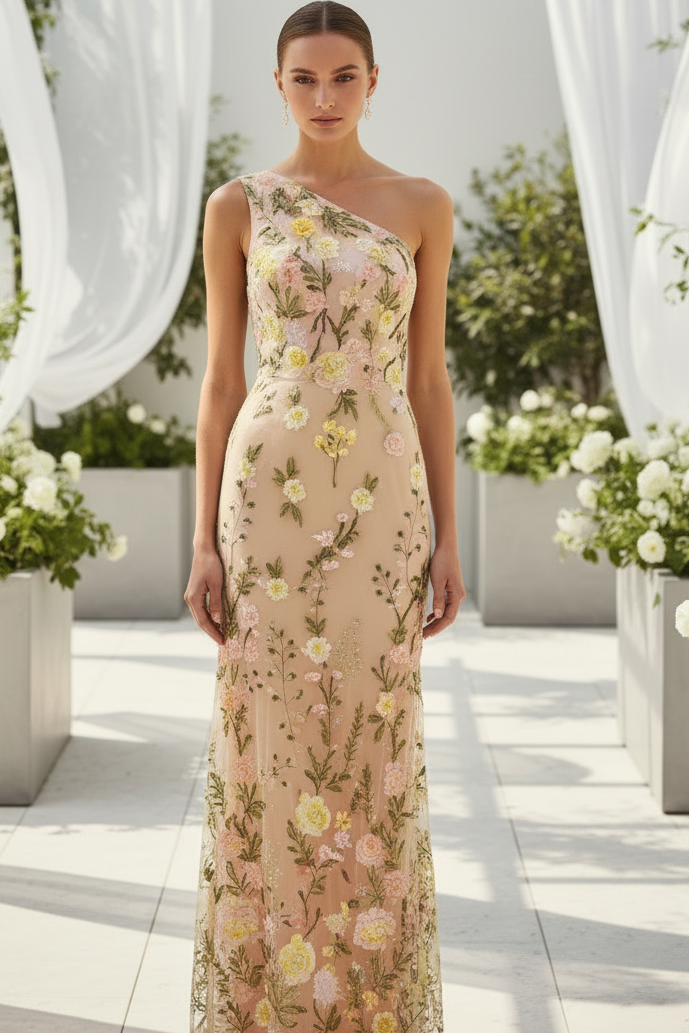 Beige One Shoulder Floral Embroidered Gown