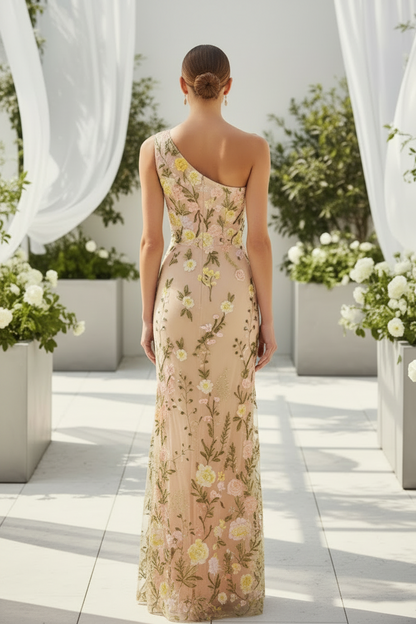 Beige One Shoulder Floral Embroidered Gown