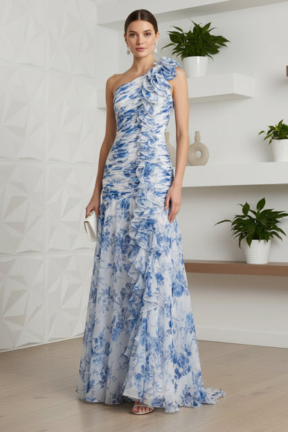 Wedding Guest Dress Blue Ruched Floral Chiffon Gown With 3D Ruffles