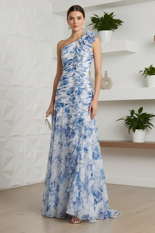 Wedding Guest Dress Blue Ruched Floral Chiffon Gown With 3D Ruffles