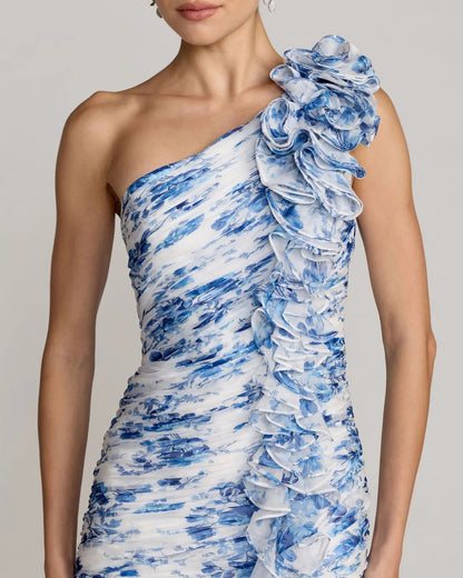 Wedding Guest Dress Blue Ruched Floral Chiffon Gown With 3D Ruffles