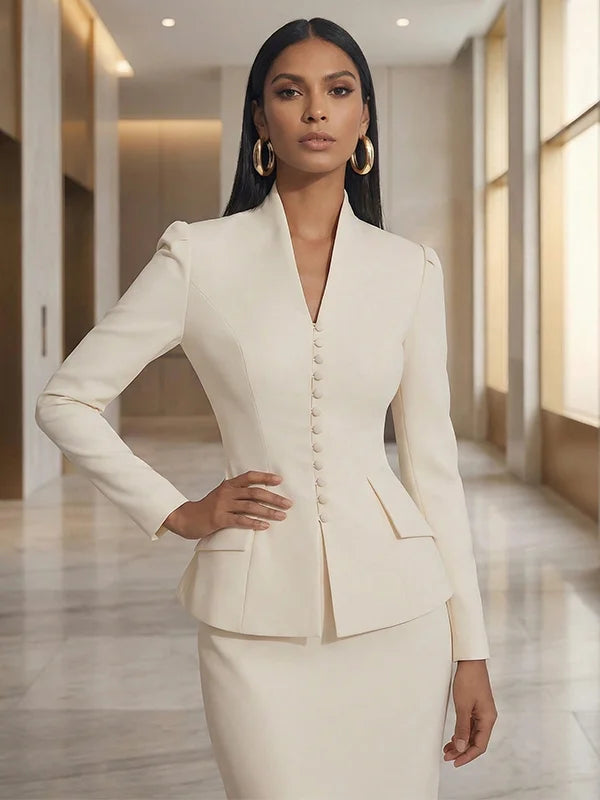 Light Beige Structured Waist Cinching Stand Collar Blazer Skirt 2-Piece Suit