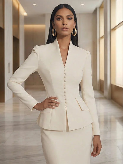 Light Beige Structured Waist Cinching Stand Collar Blazer Skirt 2-Piece Suit