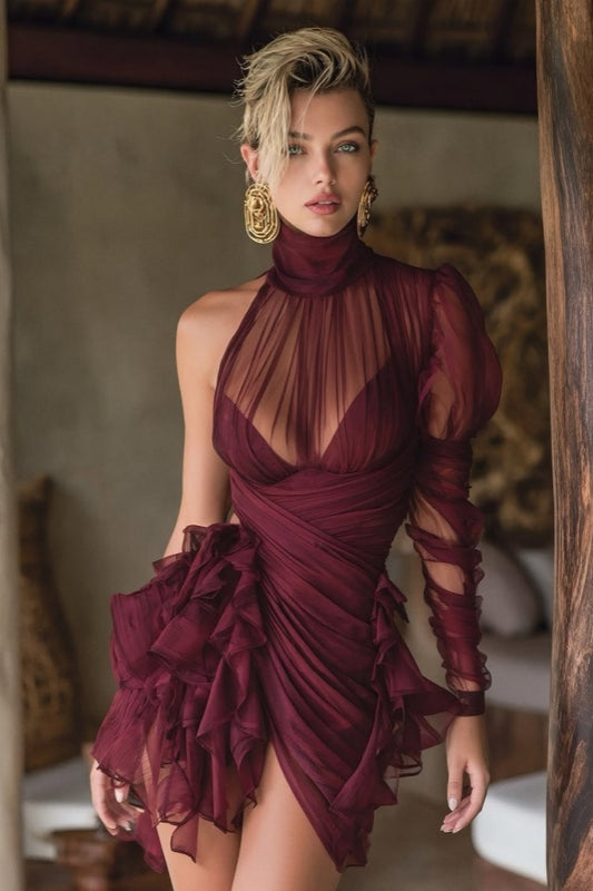 Lussooy Gorgeous High Neck Brown Chiffon Long Sleeves Short Prom Dress with Pleated