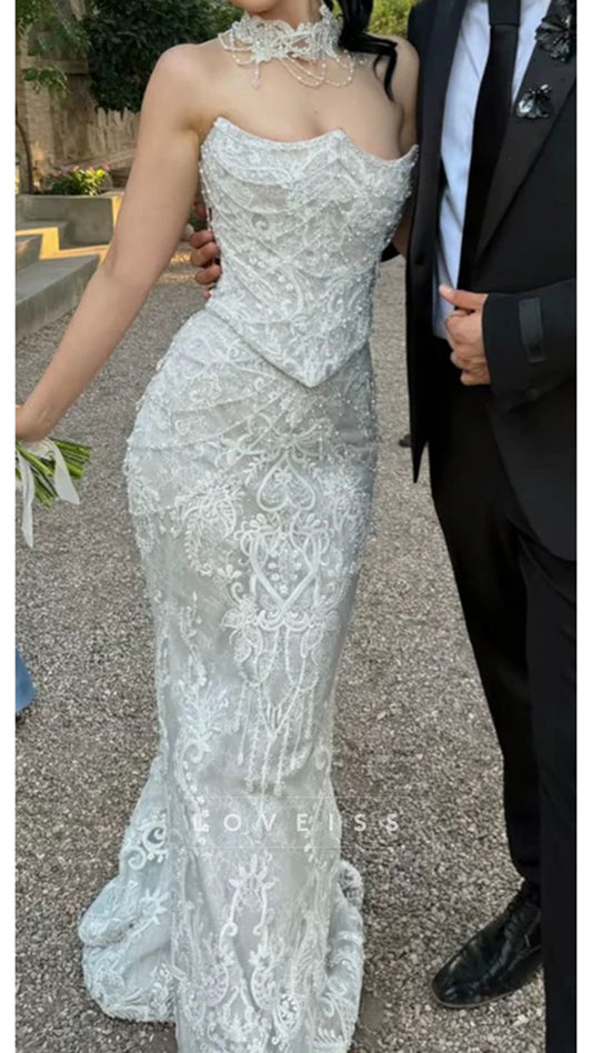 Gorgeous Strapless White Tulle Lace Beaded Mermaid Long Wedding Dress