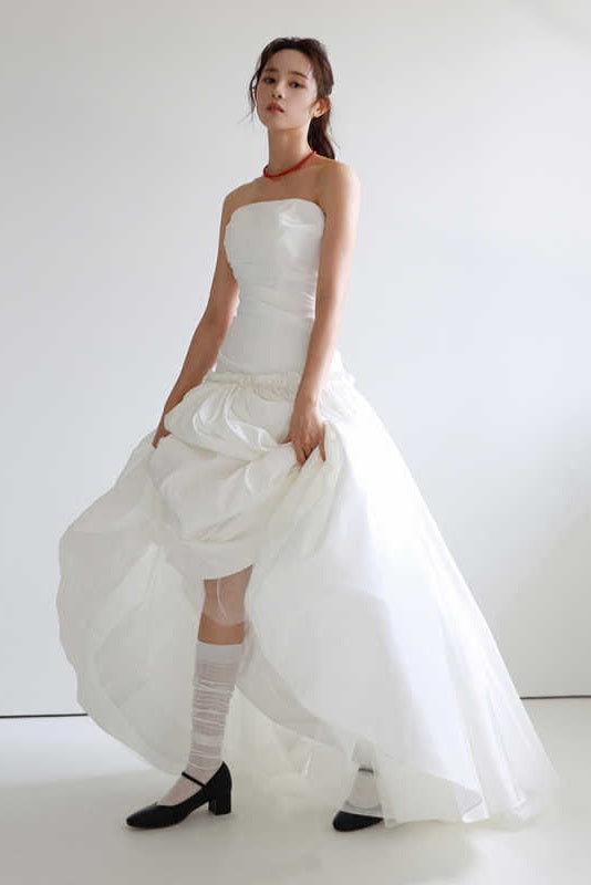Taffeta A Line Long Wedding Dress Lace Up Back