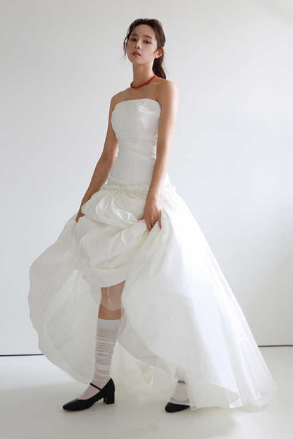 Taffeta A Line Long Wedding Dress Lace Up Back