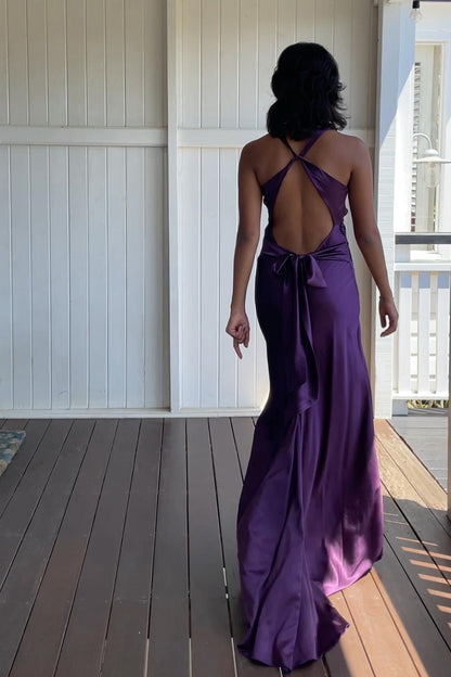 Trendy Sheath Halter Neck Purple Long Party Dress with Open Back Bowknot