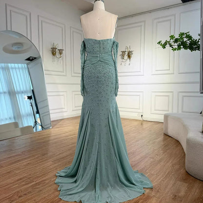 Turquoise Strapless Beaded Mermaid Evening Gown with Matching Gloves