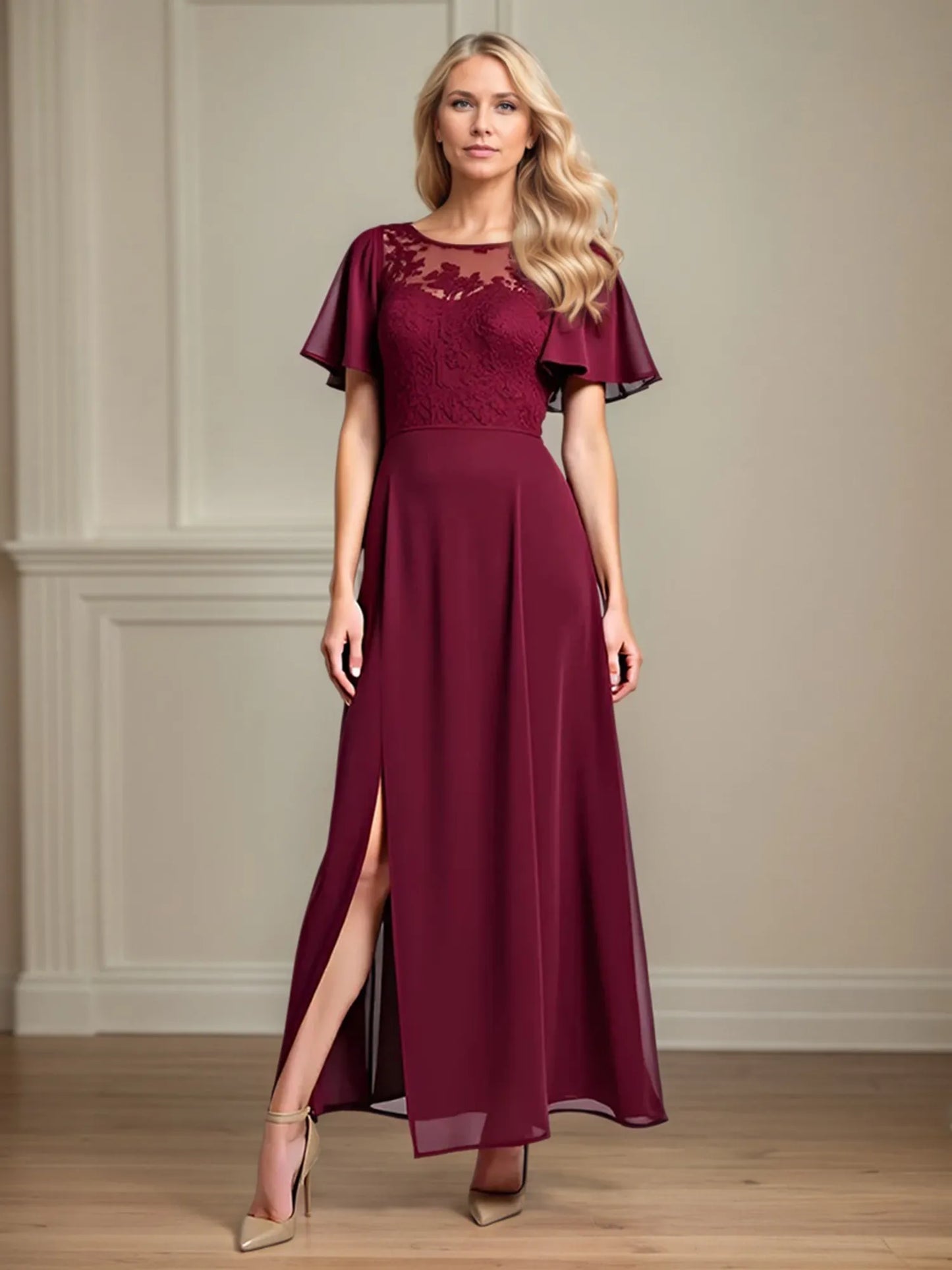 A Line Scoop Neck Short Sleeve Chiffon Mother of the Bride Dress With Leg Slit