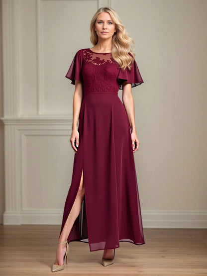 A Line Scoop Neck Short Sleeve Chiffon Mother of the Bride Dress With Leg Slit