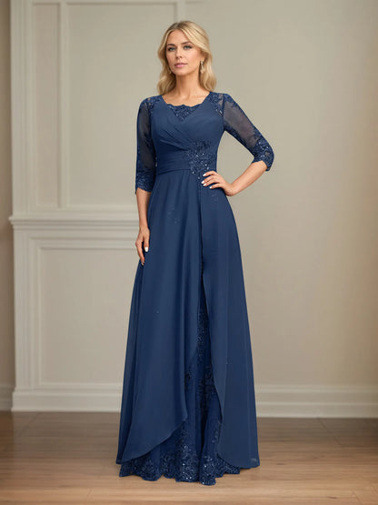 A-line Square Floor-Length Lace Chiffon Mother of the Bride Dress With Pleated Sequins