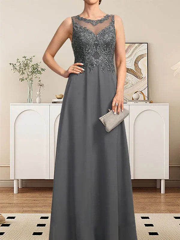 A-line Scoop Illusion Floor-Length Lace Chiffon Mother of the Bride Dress With Sequins