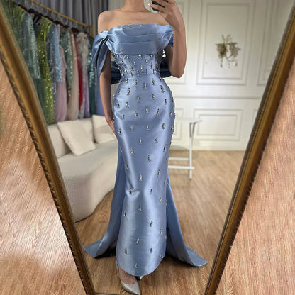 Blue Beaded Crystal Ankle-Length Mermaid Satin Evening Dress Gown for Party