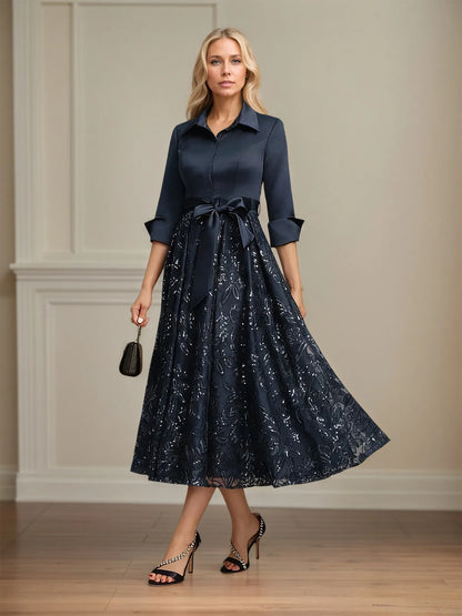 A-line Collared V-Neck Tea-Length Satin Lace Sequin Mother of the Bride Dress With Bow