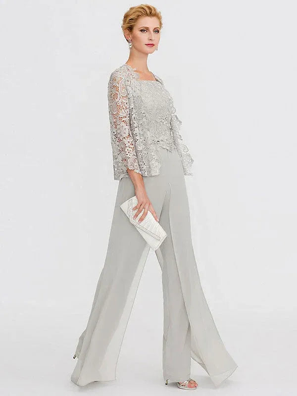3 Piece Chiffon Square Neck Mother of the Bride Pantsuits with Jacket