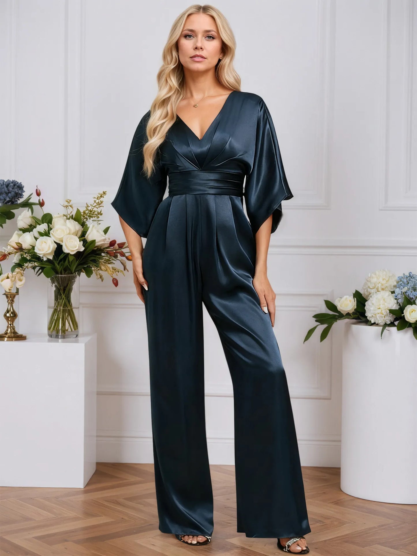 Jumpsuits V-Neck Floor-Length Stretch Satin Evening Dress With Pleated