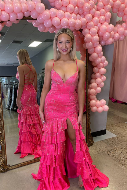 Mermaid V Neck Fuchsia Ruffle Tiered Long Prom Dresses with Slit