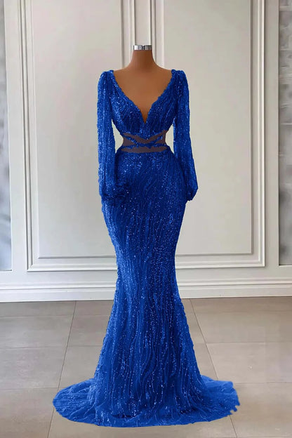 Light Green Long Sleeves V-Neck Mermaid Evening Dress With Sequins Beads