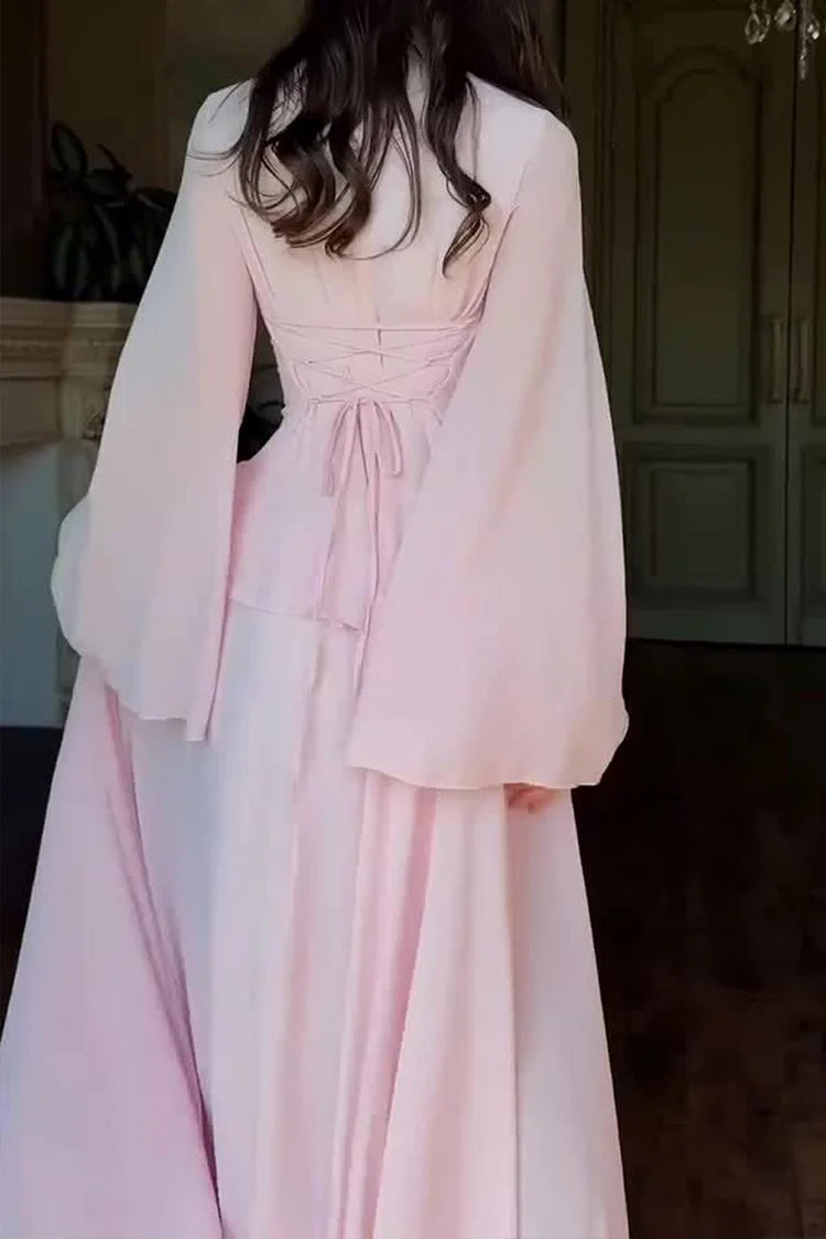 Round Neck Long Sleeve Ruffle Trim Lace Up Solid Color Maxi Dresses