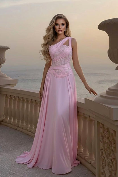 One Shoulder Sleeveless Long Prom Dress With Pleated Sequins