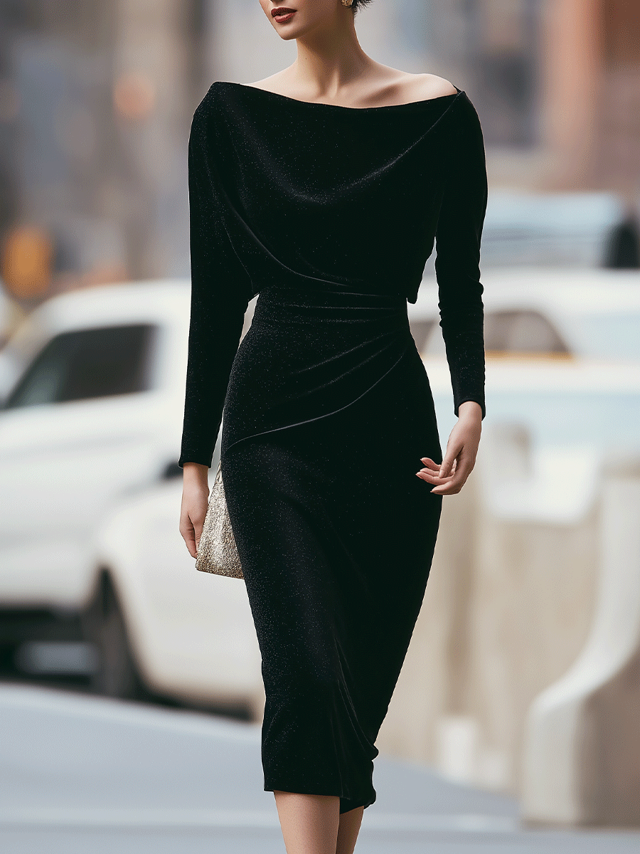 Black Off-Shoulder Velvet Dress With Draped Detail
