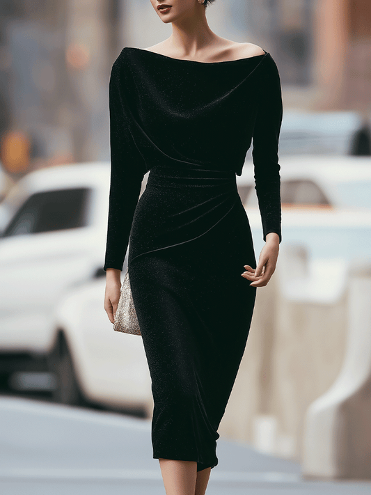 Black Off-Shoulder Velvet Dress With Draped Detail