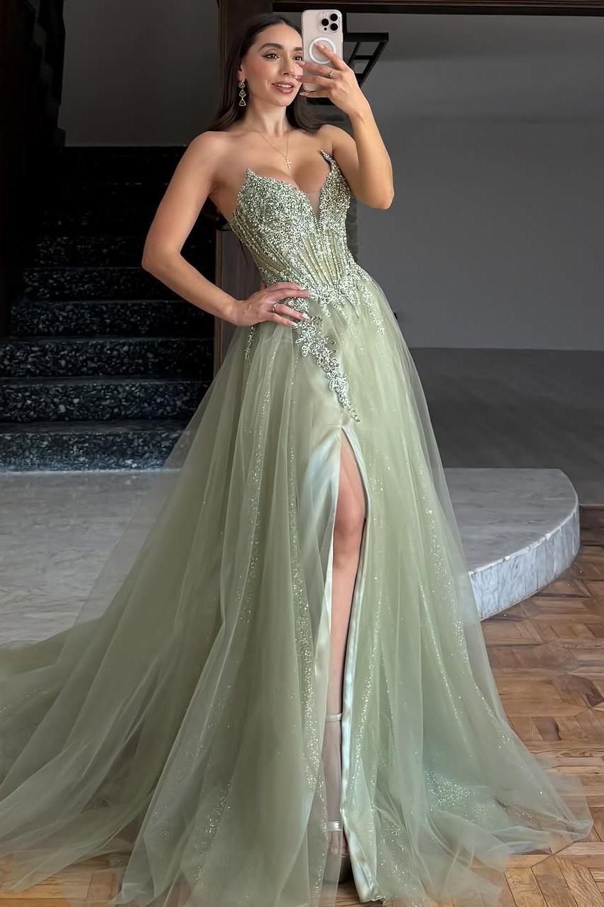 Lussooy Stunning Champagne Strapless Sleeveless Beaded Prom Dress with Scarf