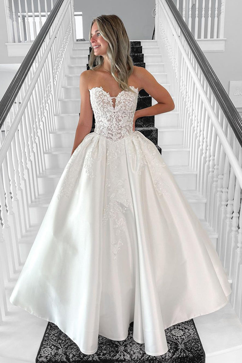 A Line V Neck Satin Long Wedding Dresses with Appliques