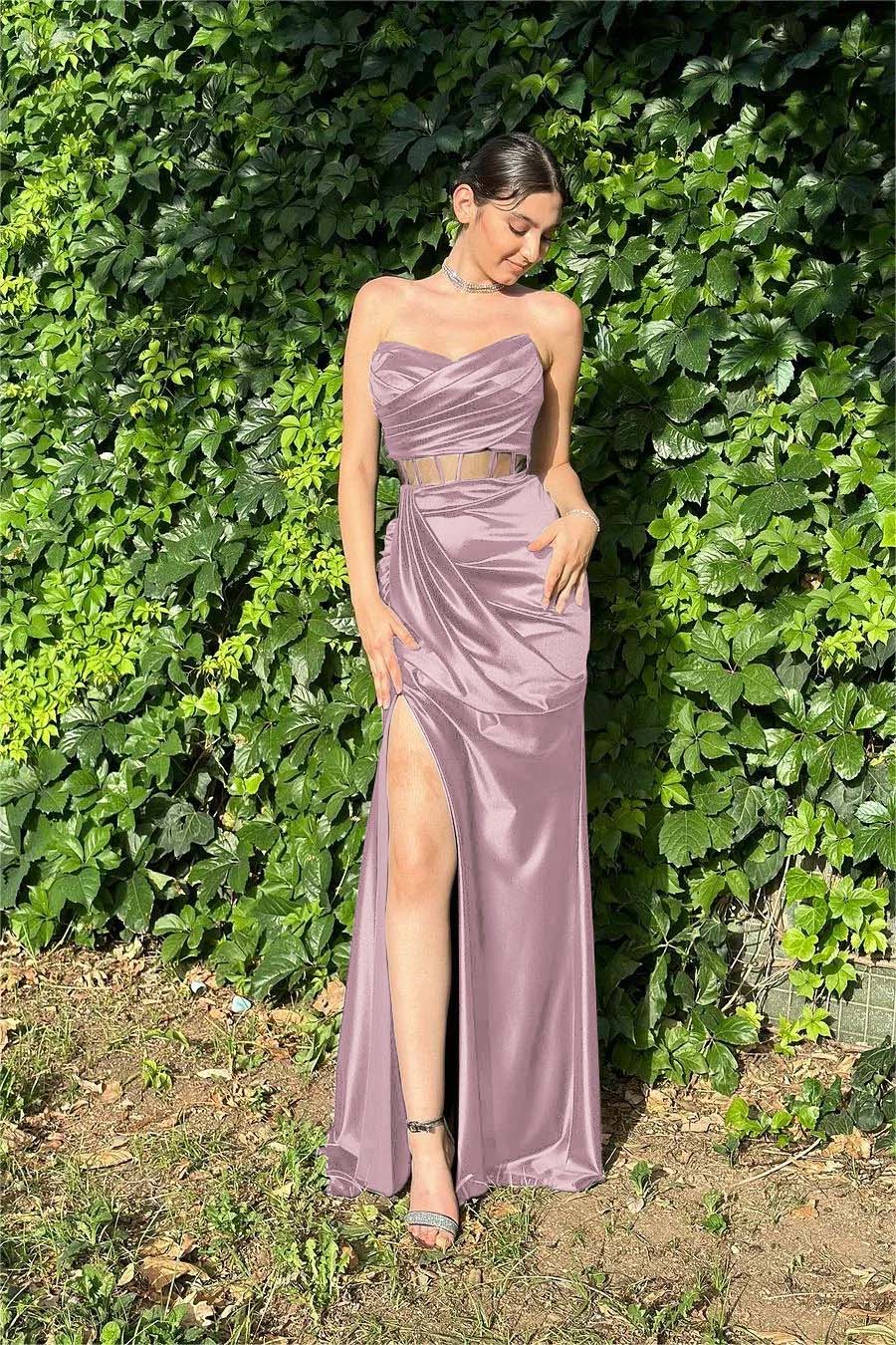 Lussooy Black Satin Elegant Sleeveless Strapless Pleated Applique Prom Dress with Split