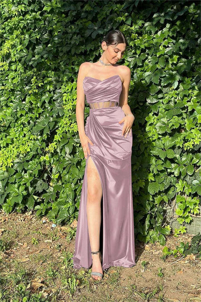 Lussooy Black Satin Elegant Sleeveless Strapless Pleated Applique Prom Dress with Split