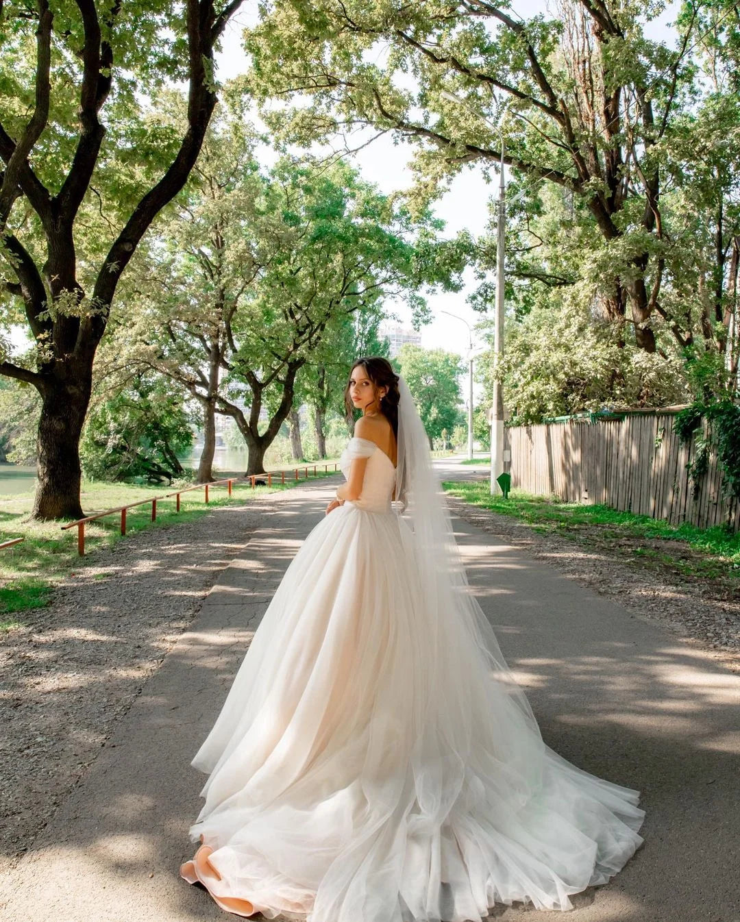 Beautiful Tulle Off-the-shoulder A-line Long Wedding Dress With Chapel Train
