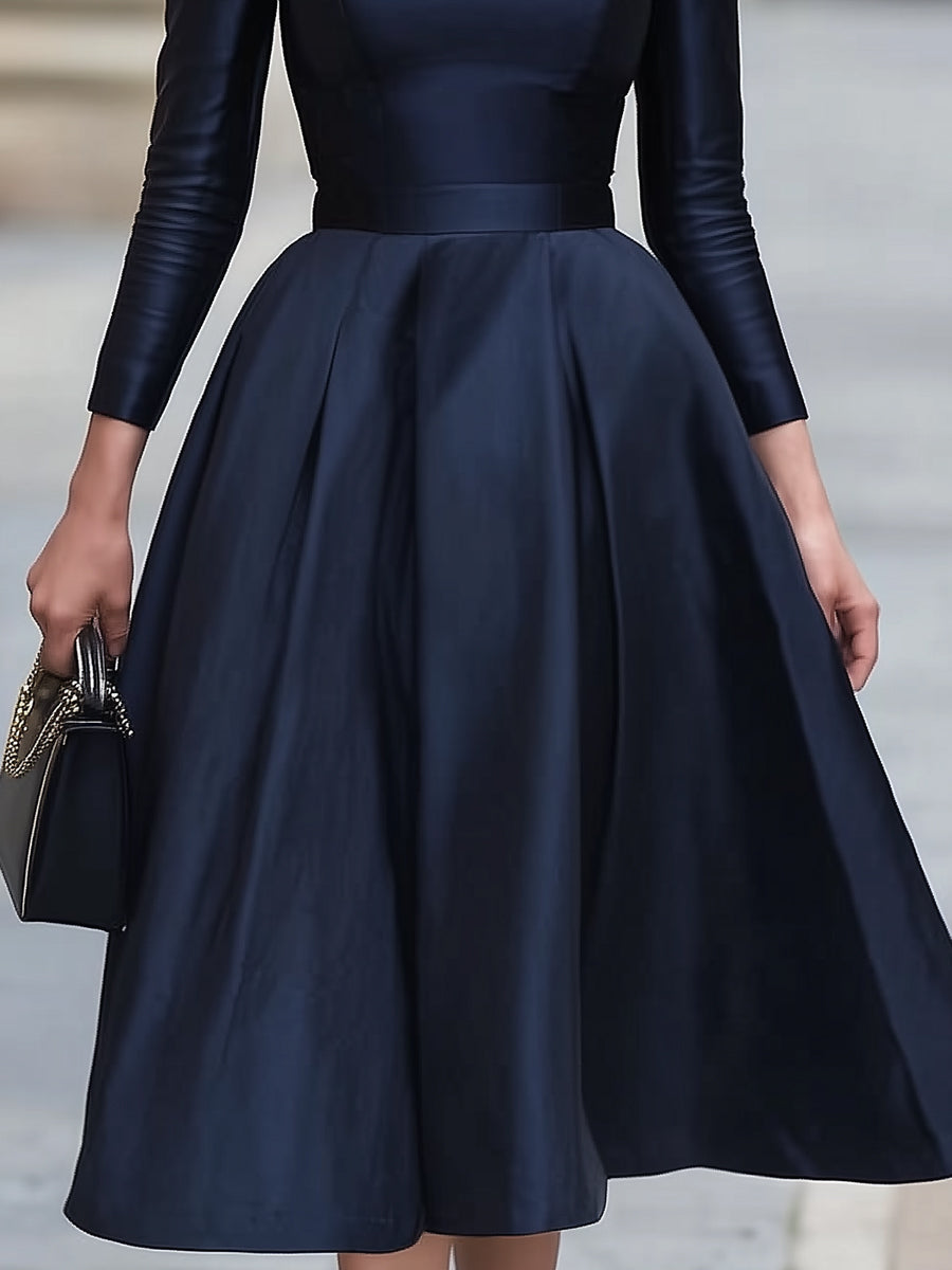 Navy Satin Off-Shoulder Midi Dress, Tailored For Timeless Sophistication