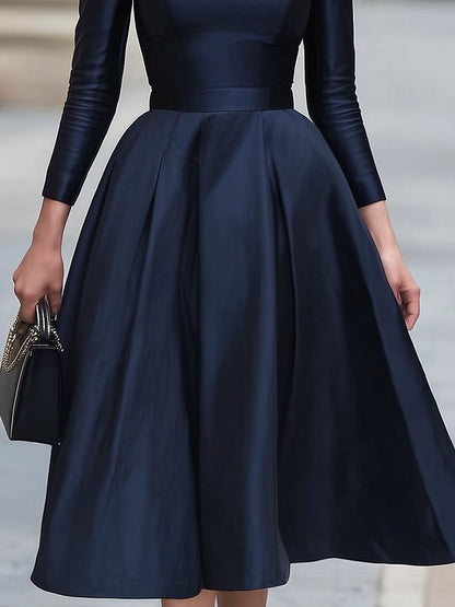 Navy Satin Off-Shoulder Midi Dress, Tailored For Timeless Sophistication