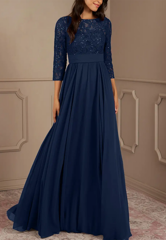 Scoop Long Sleeves Appliques Chiffon Long Mother of Bride Dress