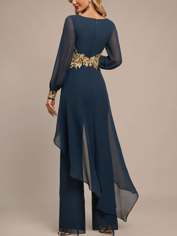 Jumpsuit/Pantsuit Separates V-Neck Floor-Length Chiffon Evening Dress With Appliques Lace