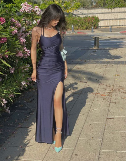 Sexy Mermaid Halter Sleeveless Navy Blue Long Prom Dresses