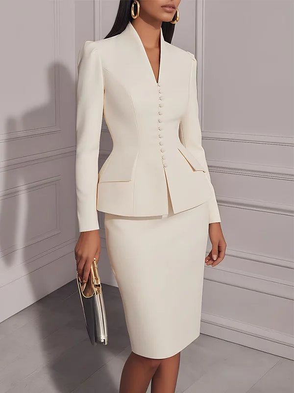 Light Beige Structured Waist Cinching Stand Collar Blazer Skirt 2-Piece Suit
