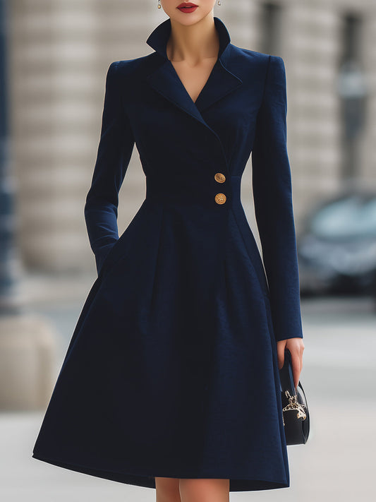 Elegant Navy Blue Tailored Fit Flared Coat Dress