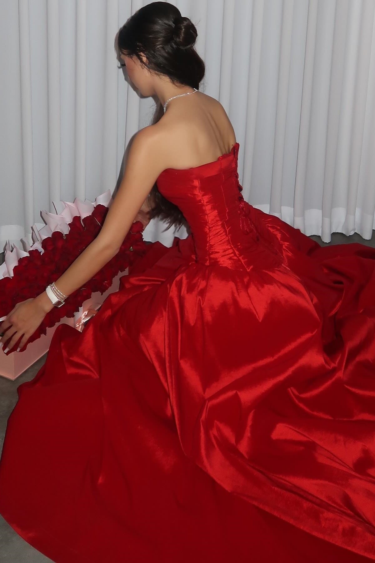 Princess A Line Strapless Red Long Party Dress with Ruffles