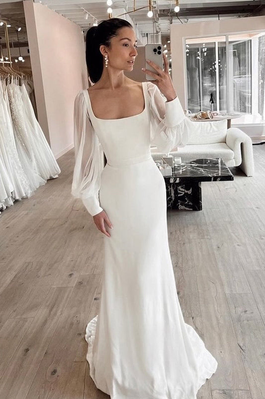 Vintage Mermaid Square Neck Long Sleeves Wedding Dresses