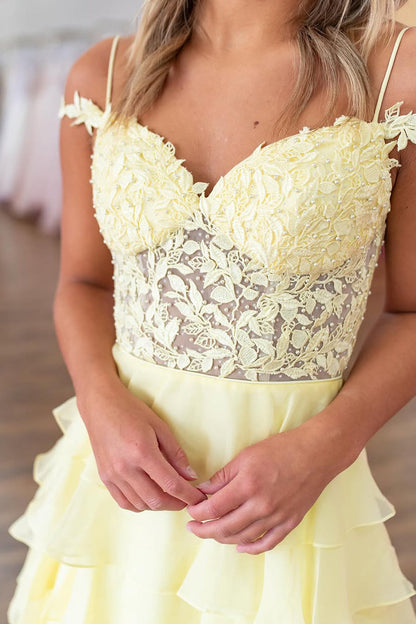A-Line Cold Shoulder Yellow Ruffle Tiered Long Prom Dresses with Slit