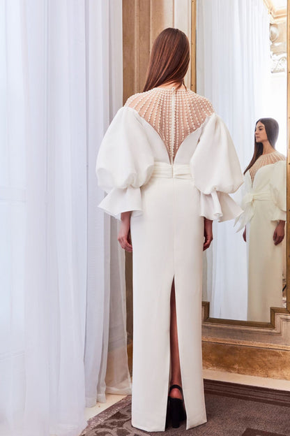 Horizontally beaded neckline puff sleeves organza dress