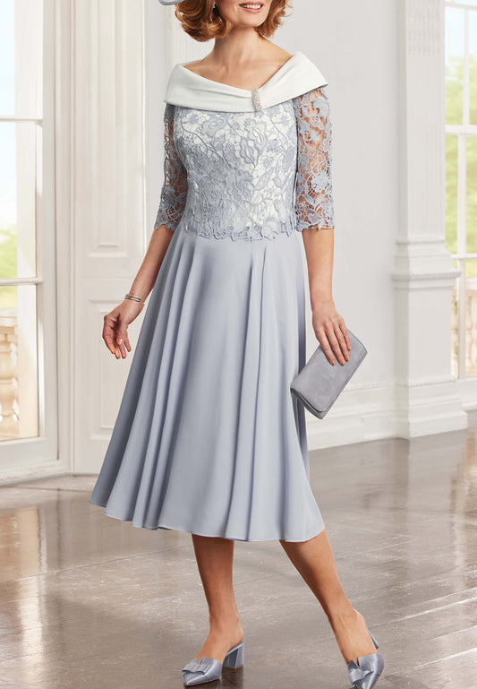Scoop Long Sleeves Appliques Chiffon Pleated A-Line Mother of Bride Dress