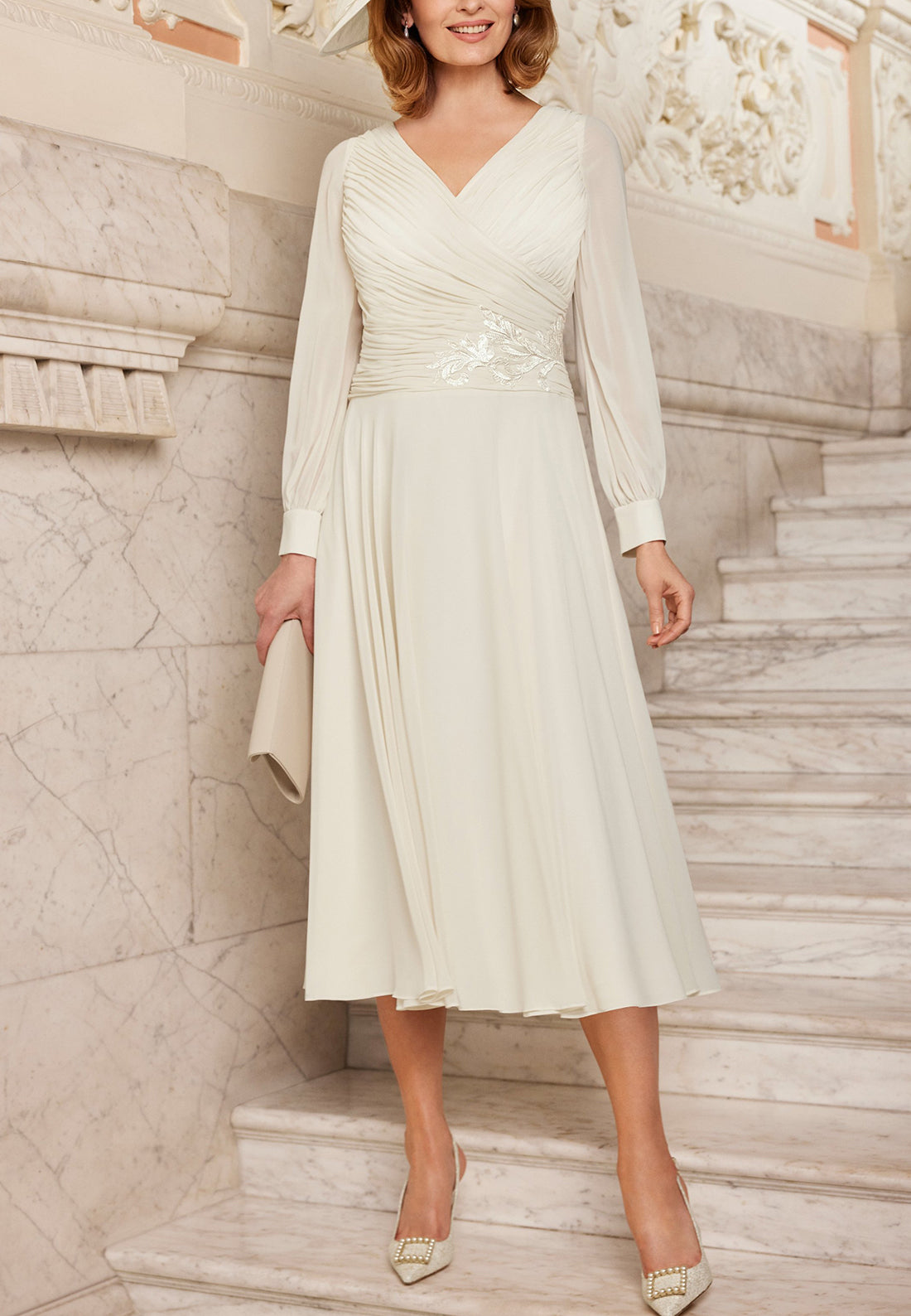 A Line V Neck Chiffon Pleats Appliques Elegant Mother of the Bride Dress with Sleeves