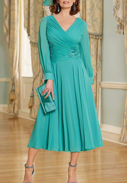 A Line V Neck Chiffon Pleats Appliques Elegant Mother of the Bride Dress with Sleeves