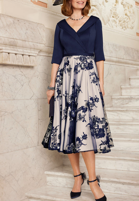 V-Neck Half Sleeves Pleated Floral A-Line Mother of Bride Dress Cocktail Dress