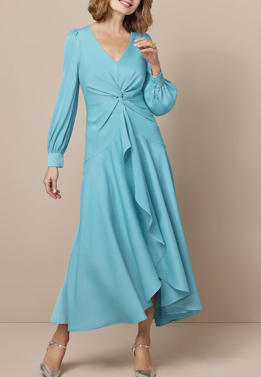 V-Neck Long Sleeves Ruffled Chiffon A-Line Mother of Bride Dress Cocktail Dress