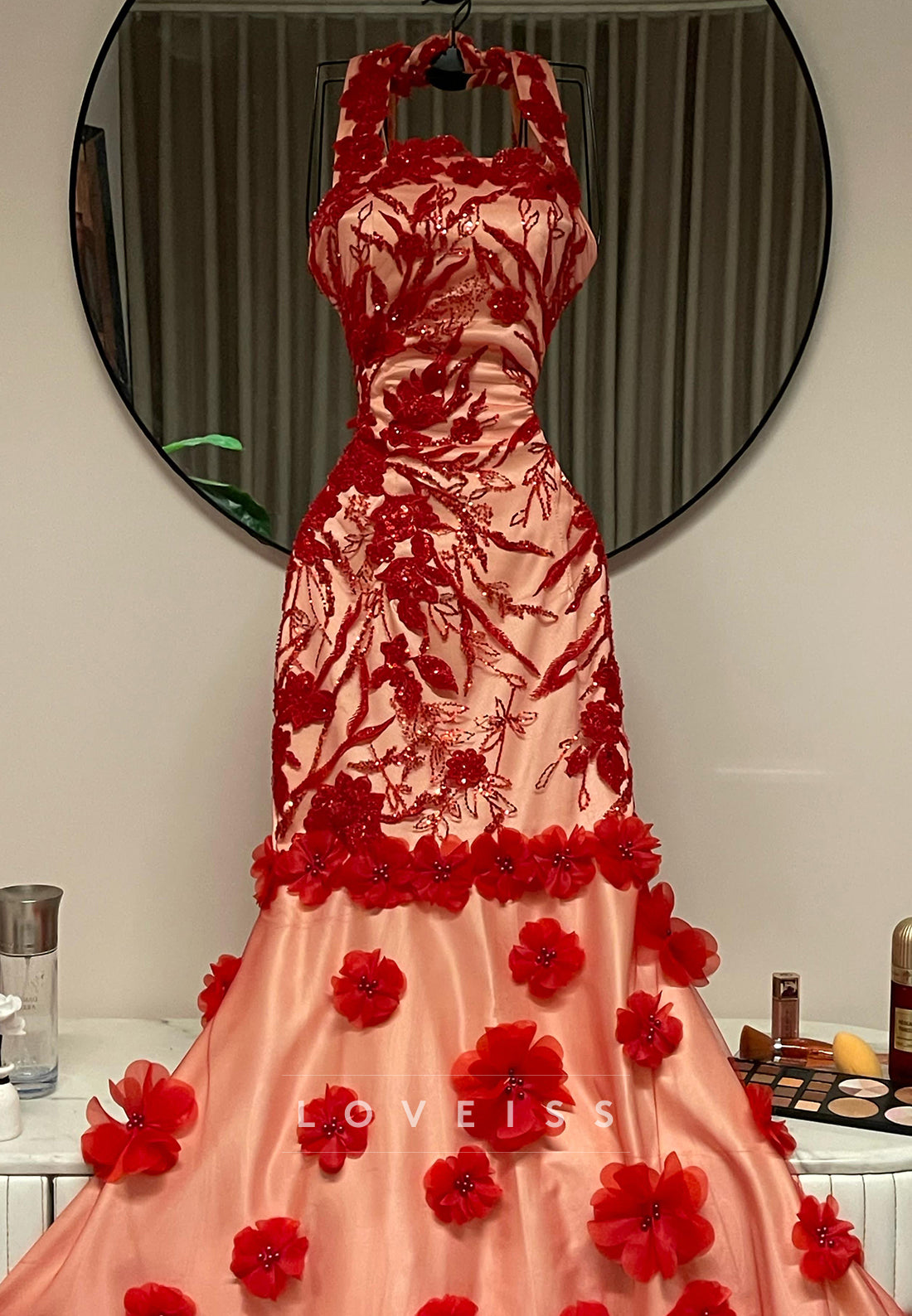 Square Straps Floral Appliques Straps Mermaid Prom Dreess