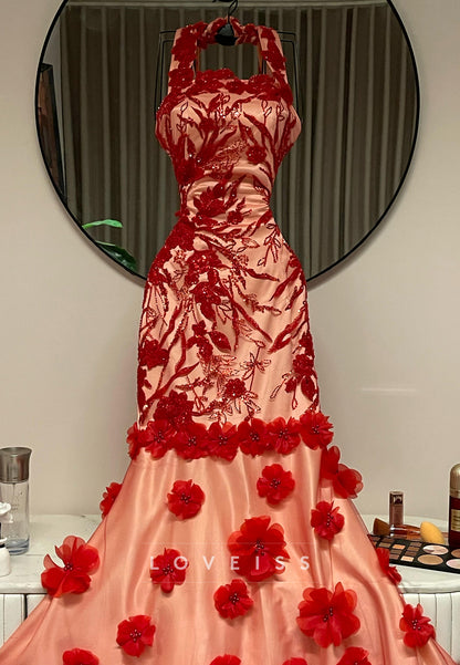 Square Straps Floral Appliques Straps Mermaid Prom Dreess